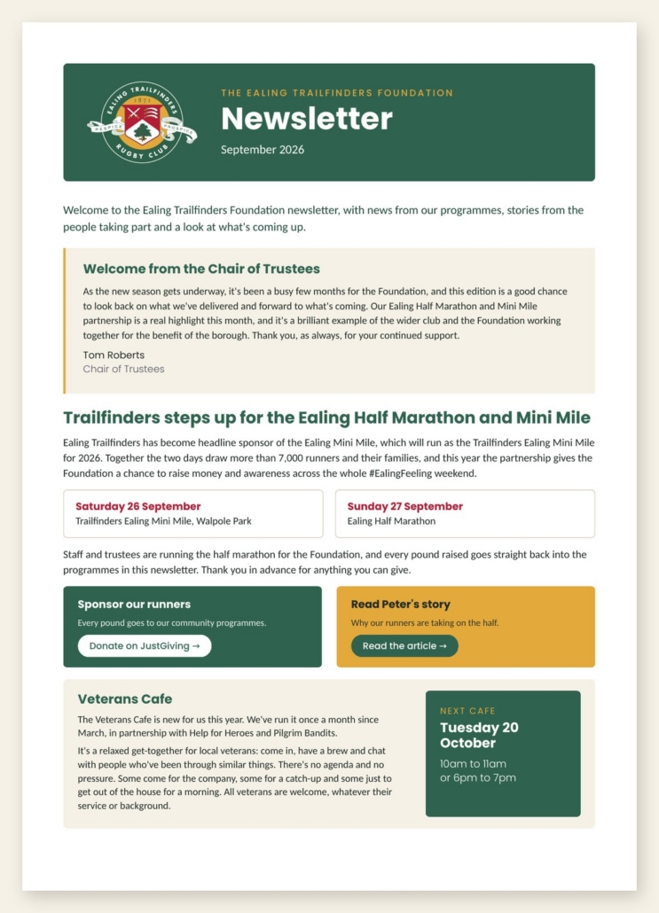 Front page of the September 2026 Ealing Trailfinders Foundation newsletter